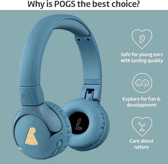 POGS Kids Bluetooth Wireless Headphones | The Gecko 2 | Foldable, Durable Headphones for Kids 3+ | Volume Limited 85 dB, Microphone | On-Ear | Wireless Music-Sharing Function (rBlue)