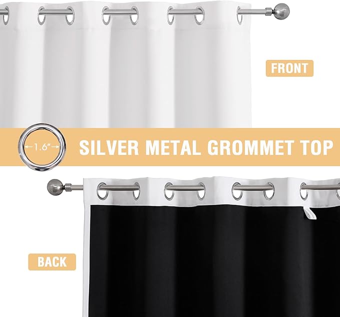 ChrisDowa White 100% Blackout Curtains for Bedroom with Black Liner, 2 Thick Layers Total Blackout Thermal Insulated Grommet Window Curtains 2 Panels Set (Pure White, 42 x 63 Inch)