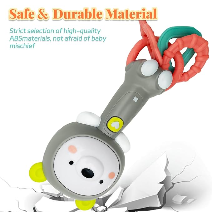 Baby Music Rattle, Teething Toys for Infants 6-12-18 Months Toddlers, Light-Up & Chew Sensory Toys for Baby Boy Girl Gifts (Grizzlies)