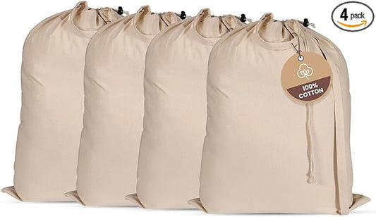 LFH Home Large Premium 100% Cotton Canvas Laundry Bag with Drawstring and Handles Heavy Duty, Multi-Use, and Washable for Home, Travel, College or Storage 28x36 (Pack of 4)-Natural