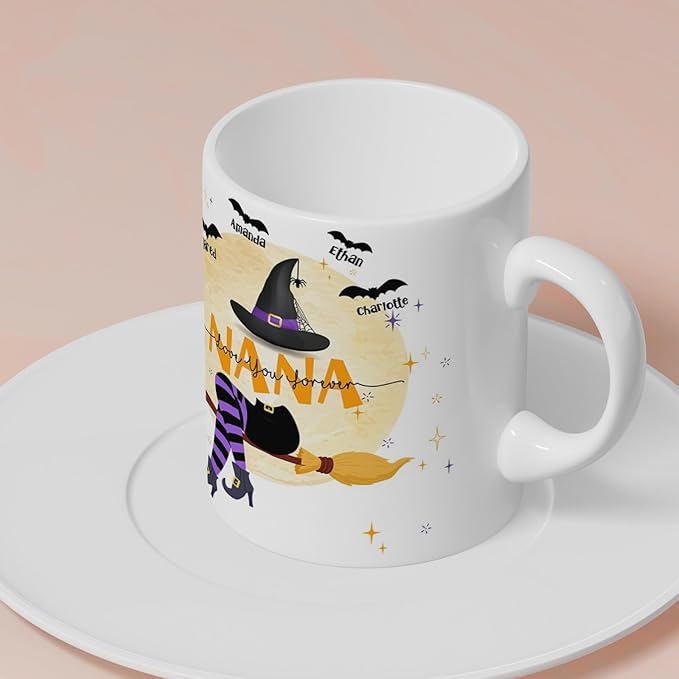 Personalized Witch Mug for Nana - Kids Names, 11 or 15 Oz Coffee Cup - Fall Gift for Her