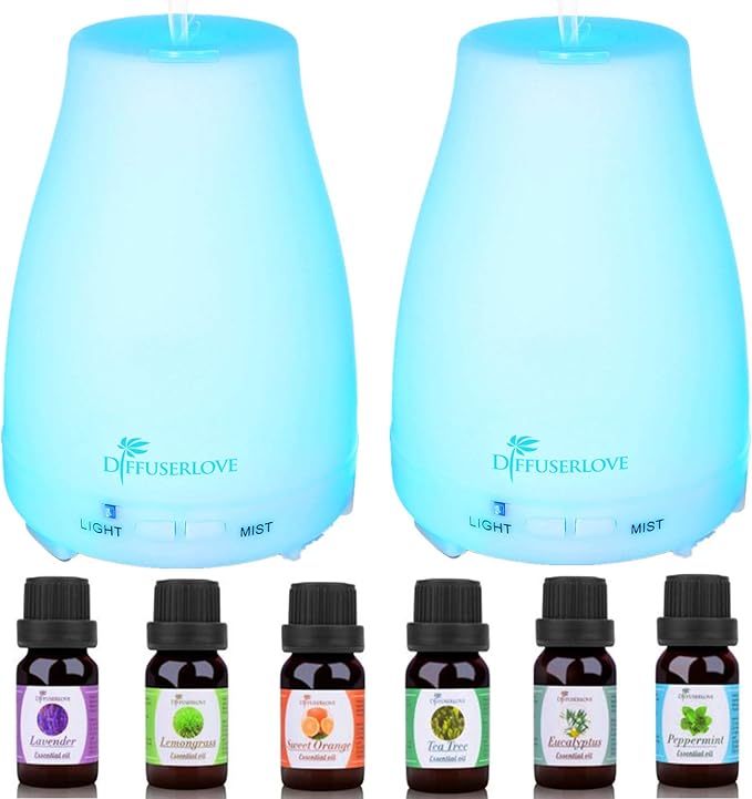 Diffuserlove 2 Pack 200ml Essential Oil Diffuser Ultrasonic Aromatherapy Diffuser with Waterless Auto Shut-Off Aroma Cool Mist Humidifiers with 6 Bottles of Natural Essential Oils /7 Color LED Lights