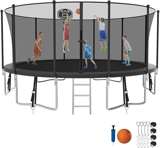 SKYUP Tranpoline 1500LBS 16 15 14 12 10 8 FT Tranpoline for 7-10 Kids and Adults, Windproof Outdoor Tranpoline with Enclosure Net, Basketball Hoop, Easy to Install & Last Long - ASTM Approved