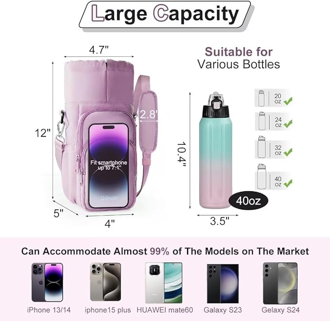 Water Bottle Holder with Strap, 4 Big Pockets with Compartment, 24oz/32oz/40oz Crossbody Water Bottle Carrier Bag