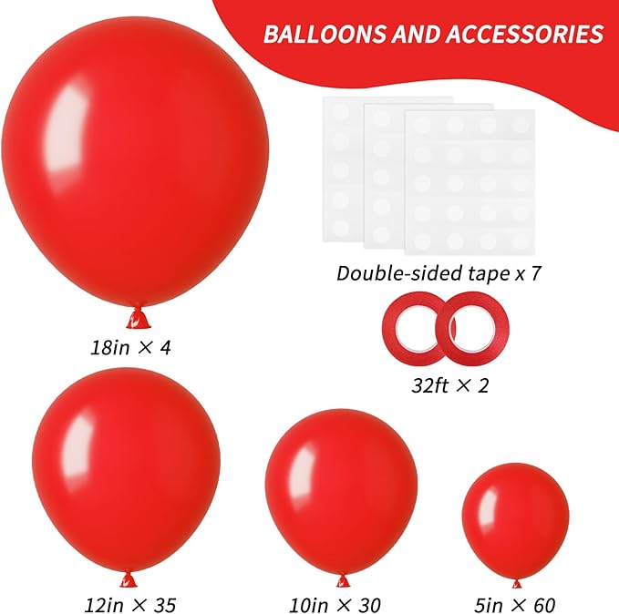 RUBFAC 129pcs Red Balloons Different Sizes 18 12 10 5 Inch for Garland Arch, Premium Latex Balloons Red Birthday Decorations Wedding Valentine's Day Baby Shower Party Decor