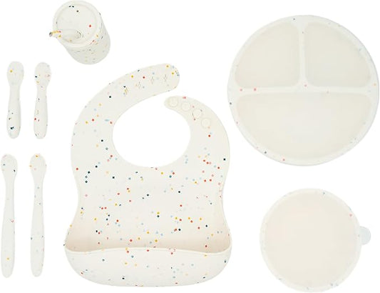 WeeSprout Baby Led Weaning Bundle, Silicone Suction Bowl, Spoons, Bib & Cup, Develops Self Feeding Skills, Dishwasher Safe (Confetti)