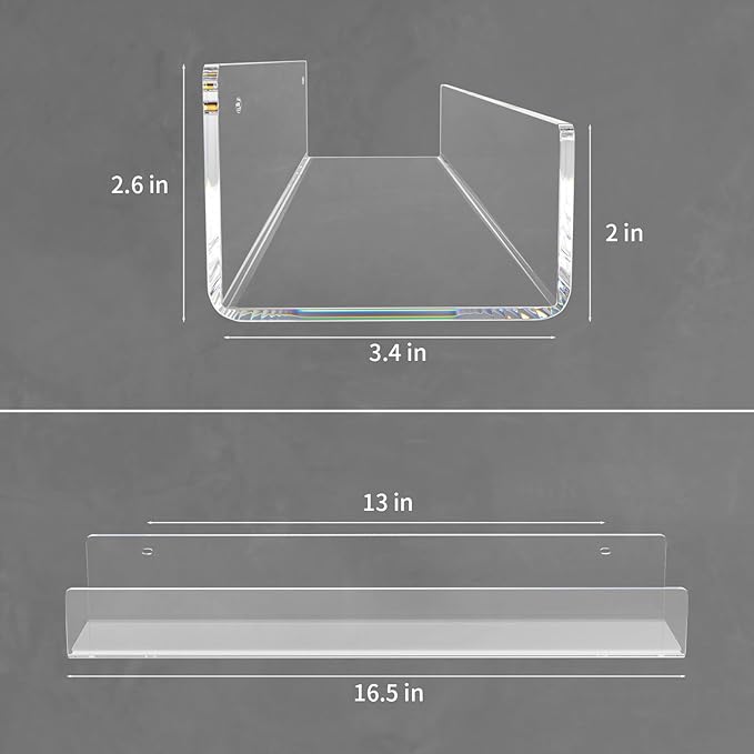 NIUBEE 16.5-Inch Acrylic Floating Bookshelves, 2-Pack, Clear Modern Wall Shelves for Child/Toddler， Invisible Ledge Book Shelves for Nursery/Kids Room/Playroom/Small Spaces.