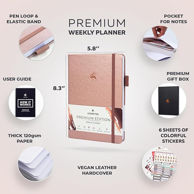 Clever Fox Planner Premium Edition – Undated Luxurious Weekly & Monthly Planner to Increase Productivity and Hit Your Goals – Organizer – Start Anytime, A5, Lasts 1 Year, Rose Gold (Weekly)