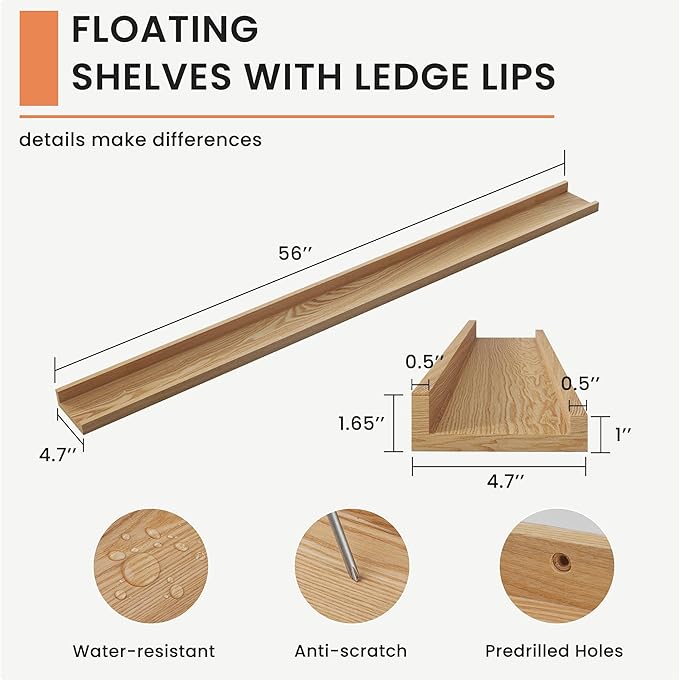 Solid Ash Wood Picture Ledge Shelf, Floating Shelves Set of 2, 56 Inch Long Large Ledge Shelves, Nursery Book Shelves Wall Mounted for Living Room Bedroom Kitchen Decor Kids Bookshelf, Natural