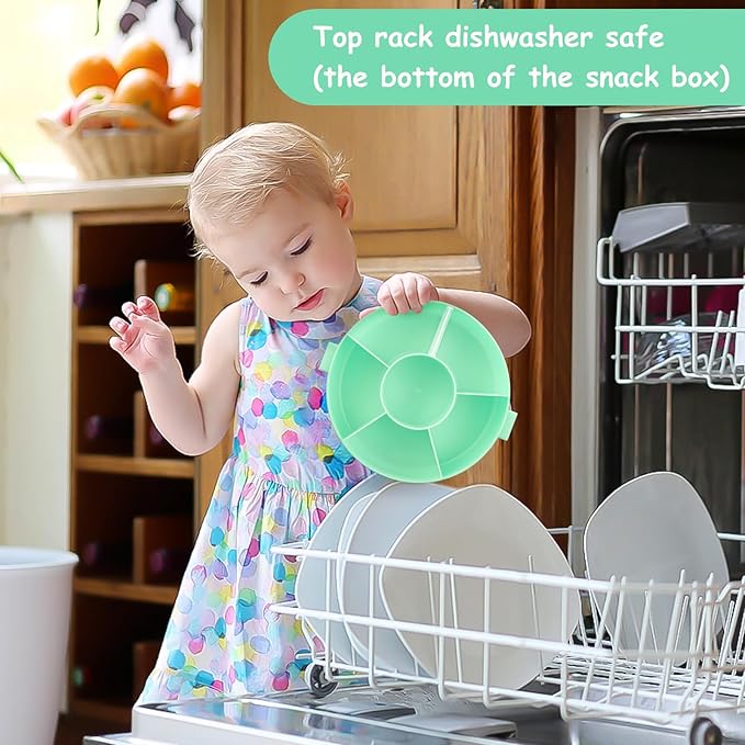 Kids' Rotating Snack Container Set – 2-Pack, Includes 1 Rotating Snack Container & 1 Round Sectioned Snack Box, BPA-Free, Dishwasher Safe, Perfect for Travel-Green