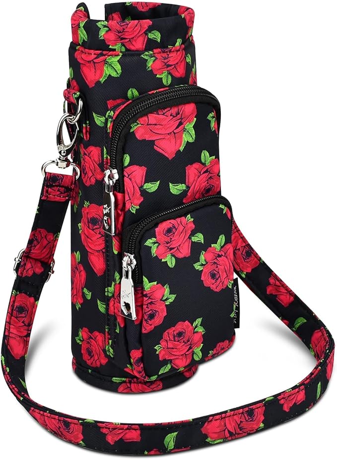 Betsey Johnson Insulated Water Bottle Pouch Holder Carrier Crossbag with Adjustable Shoulder Strap - Lightweight Polyester Accessories with Pockets Good for Hiking Sports