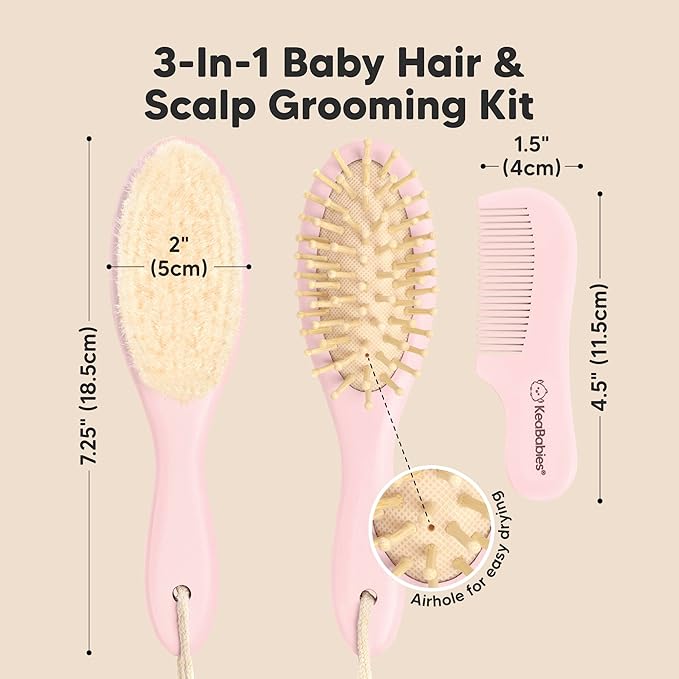 Baby Hair Brush and Comb Set for Newborn - Wooden Baby Hair Brush Set with Soft Goat Bristle, Baby Brush Set for Newborns, Baby Brush and Comb Set Girl, Boy, Toddler Cradle Cap Brush (Oval, Blush)