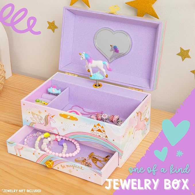 Musical Unicorn Kids Jewelry Box - Girls Jewelry Box with Mirror, Unicorn Gifts for Little Girls, Unicorn Toys for Girls Age 4-6
