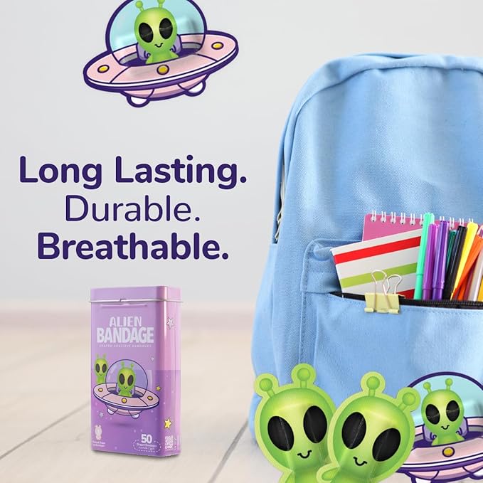 BioSwiss Bandages, Halloween Alien Shaped Self Adhesive Bandage, Latex Free Sterile Wound Care, Fun First Aid Kit Supplies for Kids, 50 Count