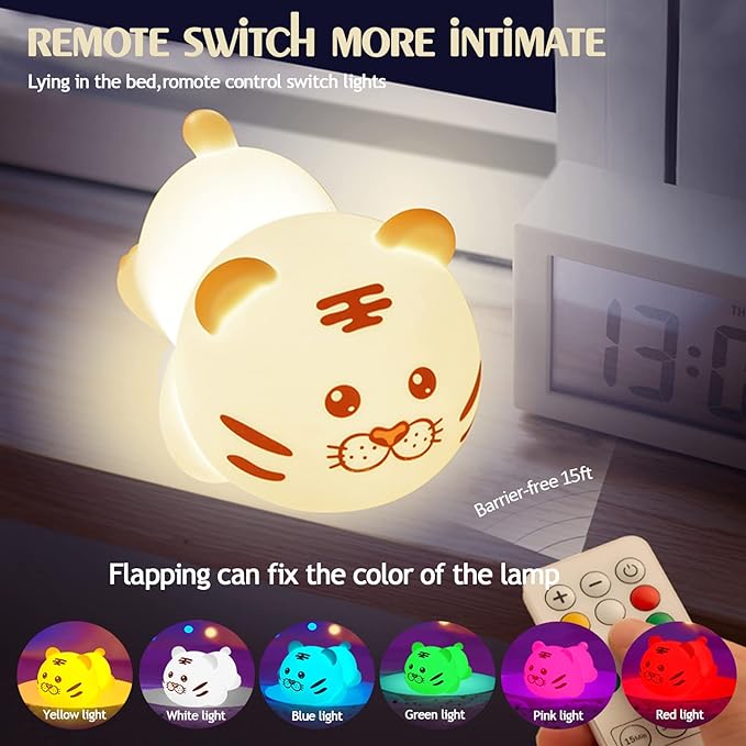 QANYI Christmas Gift Tiger Lamp, Silicone Color Changing Tiger Desk Nightlight, Rechargeable Nursery Table Lamp with Timer and Remote Control, Gift for Toddler Baby Girls Boys Children Bedroom
