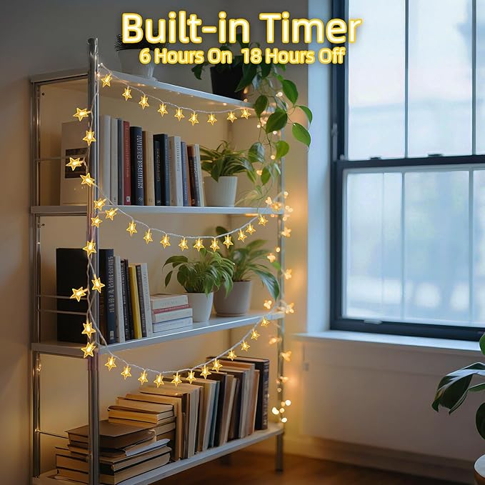 120 LED 40FT Star String Lights, 8 Modes Plug in Star Lights with Timer & Memory, Indoor Outdoor Christmas Twinkle Light for Birthday Party Bedroom Wedding Home Classrom Decor Warm White