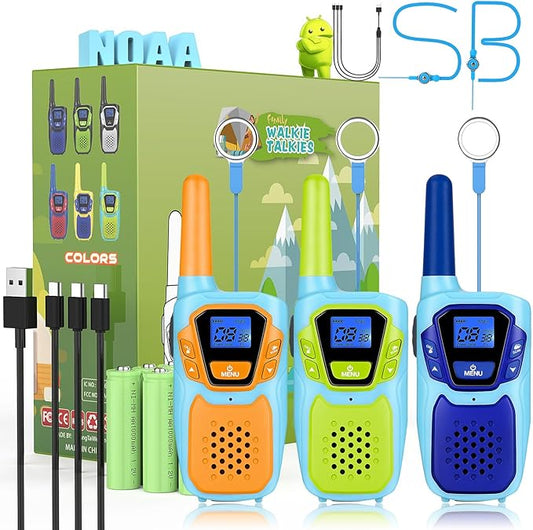 Walkie Talkies for Kids Rechargeable Walkie-Talkie for Adults Long Range FRS 2 Way Radio 3 Pack with Lanyard Battery 4 Miles NOAA USB, Family Toys for 3-12 Year Old Girls Boys Toddlers Camping