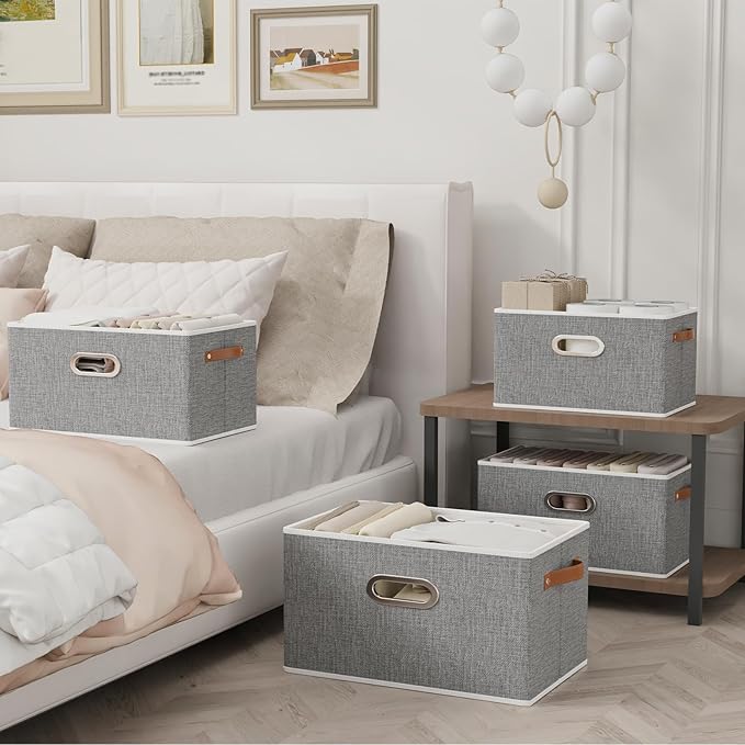 Yawinhe Foldable Storage Baskets for Shelves, Fabric Closet Organizers, Bins with 3 Handles, Cubes for Clothes, Grey, 15''Lx9.8''Wx8.3''H, 6-Pack