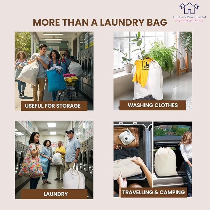 LFH Home Cotton Canvas Extra Large Laundry Bag with Handle, Stylish Drawstring Heavy Duty Laundry Bags For Travel, Home, Hotel, College Dorm and Camp Storage Bag 24x36 Inch, Machine Washable - White