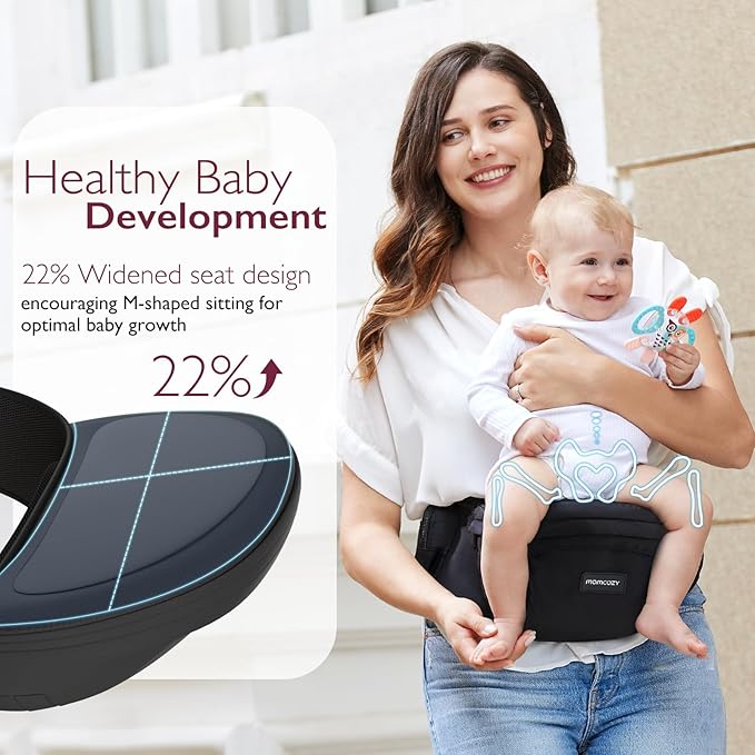 Momcozy Hip Seat Baby Carrier - Adjustable Waistband with Original 3D Belly Protector, Ergonomic Carrier with Various Pockets for Newborns & Toddlers up to 45lbs (Black, Medium)