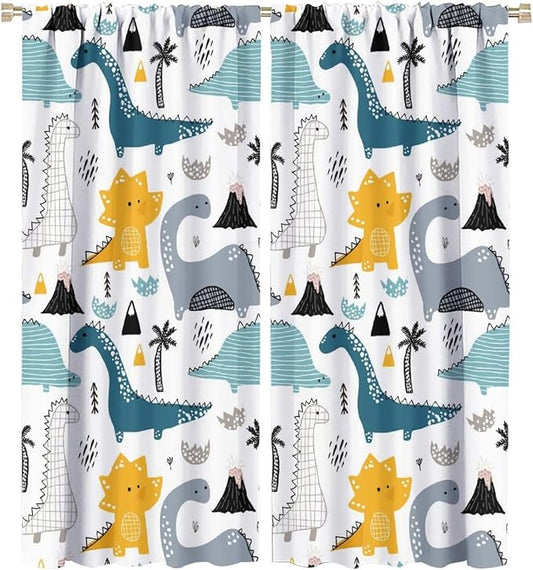 Kids Dinosaur Curtains for Boy Girl Bedroom Decor Cartoon Dino Colorful Cute Funny Wildlife Animal Printed Blackout Rod Pocket Window Drapes for Baby Nursery Playroom Living Room W27.5xL63in 2 Panels