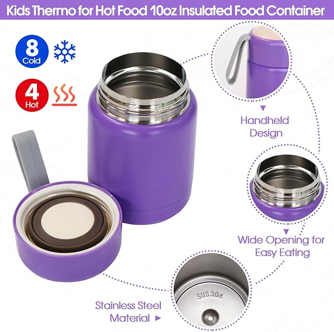 Preppy Lunch Box for Girls with 10oz Thermo, with 6 Compartment Bento Box, Purple Nylon Insulated Lunch Bag Adjustable Strap for Girl Kids Teens School Travel Picnic