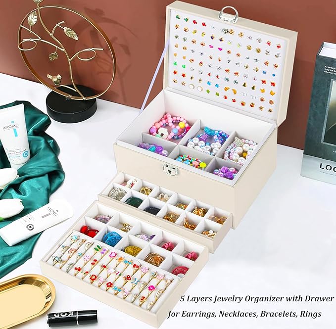Earrings Jewelry Box for Girls, 5 Layers Jewelry Organizer with Earring Holder Organizer for Girls Earring Organizer Jewelry Boxes for Women Earrings and Necklaces Jewelry Box Organizer Beige