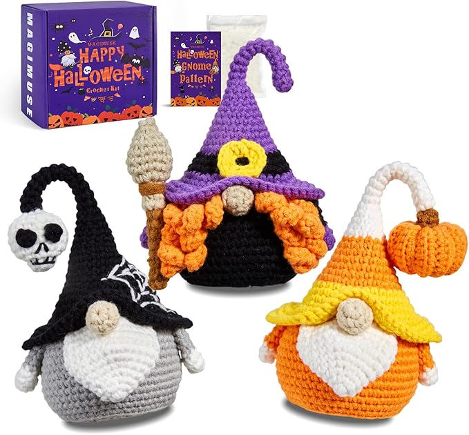 MAGIMUSE Crochet Kit for Beginners Crochet Starter Kits for Halloween Amigurumi Knitting Crochet Animals Kits Hooks Yarn Set with Step-by-Step Video Tutorials, 3 Halloween Gnomes (40%+ Yarn)