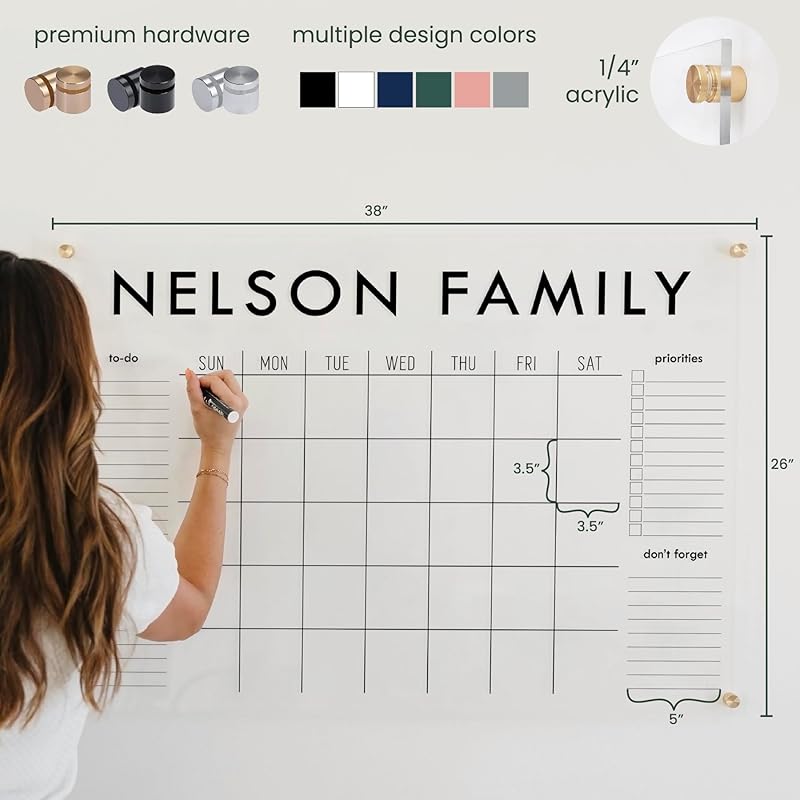 Personalized Clear Acrylic Calendar for Wall, Calendar Whiteboard for Wall, Dry Erase Wall Calendar, Wall Calendar Organizer System for Home (Block, Black, 38"W x 26"H)