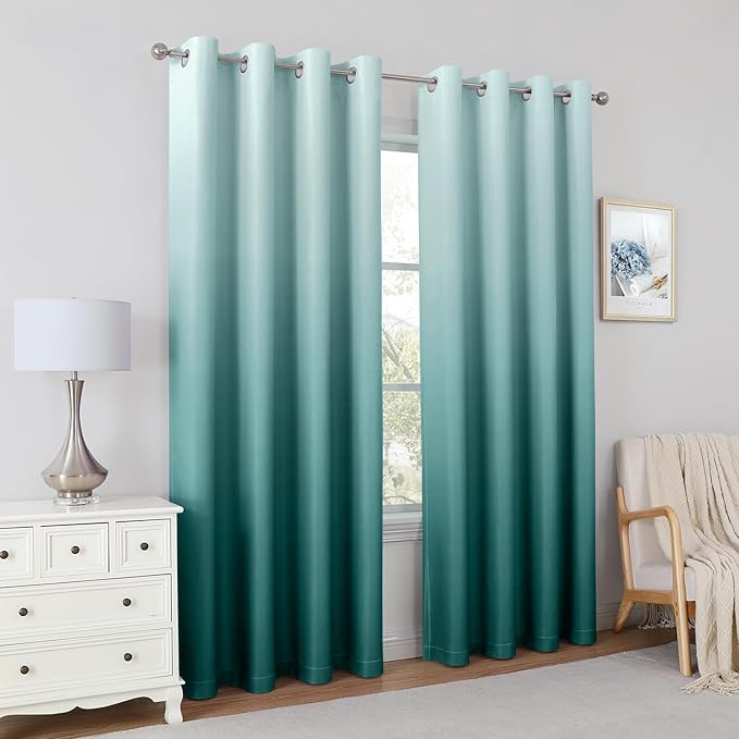 HOMEIDEAS Teal Ombre Blackout Curtains 52 X 84 Inch Length Gradient Room Darkening Thermal Insulated Energy Saving Grommet 2 Panels Window Drapes for Living Room, Bedroom