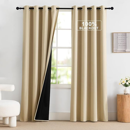 NICETOWN 100% Blackout Curtains 84 inch Long for Bedroom, Total Blackout Thermal Insulated Grommet Long Window Curtains 2 Panels Set, 2 Panels, Biscotti Beige, 52 inch Wide