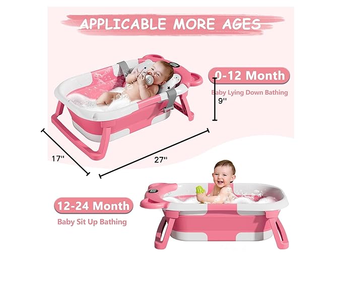 MoreFeel Collapsible Baby Bathtub for Newborn with Thermometer & 1 Hooded Towel & 1 Soft Floating Cushion,Portable Travel Bathtub with Drain Hole, Durable Foldable Baby Tubs for Infants to Toddler