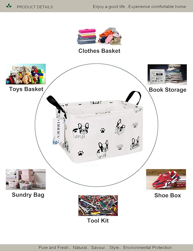 Rectangular Fabric storage box, decorative basket and finishing basket with handle are used for the storage of clothes, books and sundries (Bulldog) 14.9’’L ×10.2’’W×9.05’’H inches