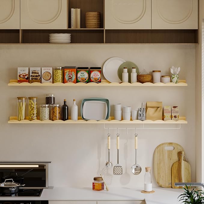 Fixwal Nursery Shelves, 24 Inch Floating Bookshelves for Wall Set of 4, Scalloped Wall Book Shelves with Towel Rack for Kids, Toddler Room, Baby Room, Nursery Decor and Storage(Natural Wood)