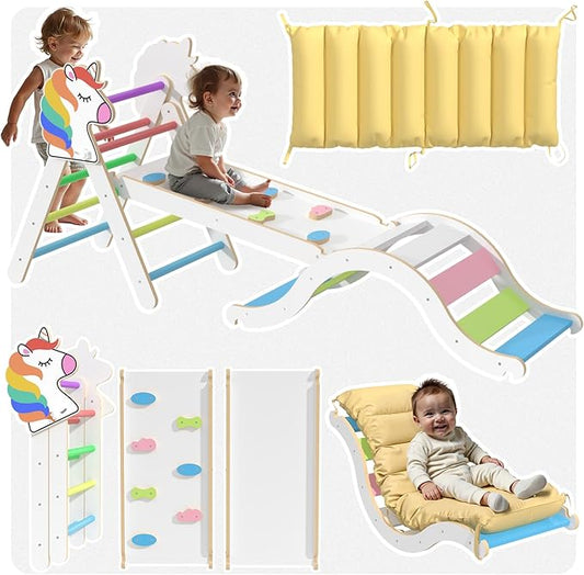 Pikler Triangle Set with Cushion, 9 in 1 Toddler Climbing Toys Indoor, Montessori Foldable Wooden Climbing Toys for Toddlers 1-3 Inside，Pikler Triangle Set Jungle Gyms Playground for Children