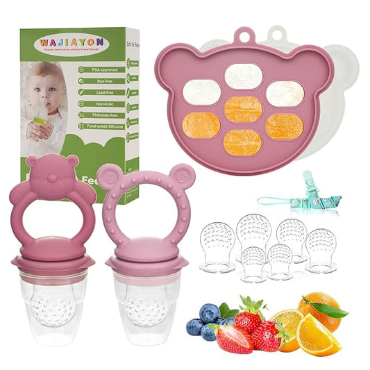WAJIAYON Baby Breastmilk Popsicle Molds & Baby Fruit Feeder (4 Pack), Infant Food Freezer Tray Storage Containers, Silicone Teething Pacifier Feeder and Teether for Babies,Moss and Fawn Feeder(Pink)