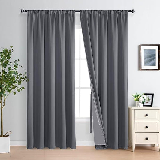 XWZO Dark Grey Blackout Curtains 84 Inches Long with Tiebacks- Full Light Blocking & Energy Efficiency Window Draperies with Black Liner for Bedroom/Living Room, Rod Pocket, W70 x L84, Set of 2