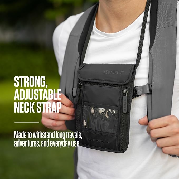 VENTURE 4TH Passport Holder Neck Wallet with RFID Blocking Nylon Lining - Hidden Neck Pouch for Travel (Sleek Army Green)