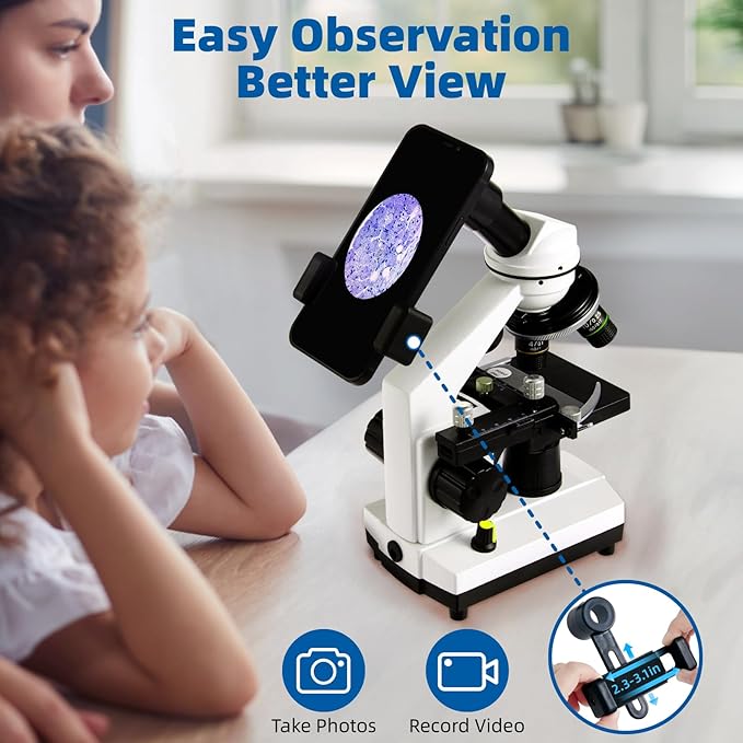 Microscope for Adults Kids,40X-2000X Monocular Microscope Kit for Home School Lab, 2 LED Lights & 5 Colors Kids Microscope with Phone Holder,10 Specimen Slides,20 Slides,100 Coverslips, Bag