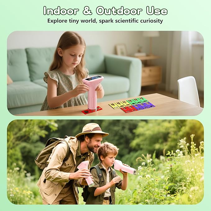 Microscope for Kids with 12 Slides, 100X-1000X 1080P Digital Handheld Kids Microscope, Mini Portable Pocket Miniscope Science Toys Gifts for 3+ 4 5 6 7 8 9 10 11 12 Year Old Boys Girls, Pink