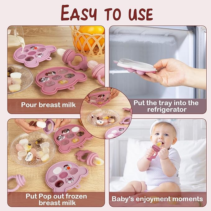 WAJIAYON Baby Breastmilk Popsicle Molds & Baby Fruit Feeder (4 Pack), Infant Food Freezer Tray Storage Containers, Silicone Teething Pacifier Feeder and Teether for Babies,Moss and Fawn Feeder(Pink)