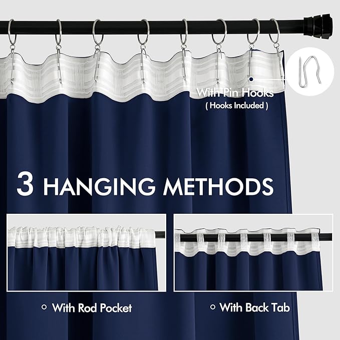 MIULEE Navy Blue Back Tab Blackout Curtains 102 Inch Long 2 Panels Set for Bedroom, Rod Pocket/Pinch Pleated Thermal Insulated Living Room Darkening Light Blocking Floor to Ceiling Drapes