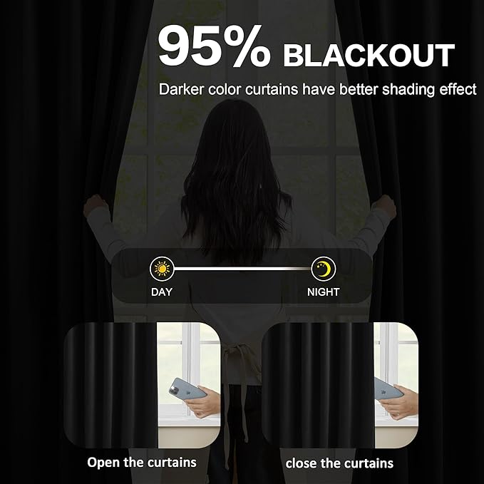 KEQIAOSUOCAI 72 Inch Wide Black Pinch Pleated Curtains 72 x 95, Thermal Insulated Noise Cancelling Living Room Office Drapes 95 Inches Long, Patio Sliding Glass Door Window Curtain 2 Panels