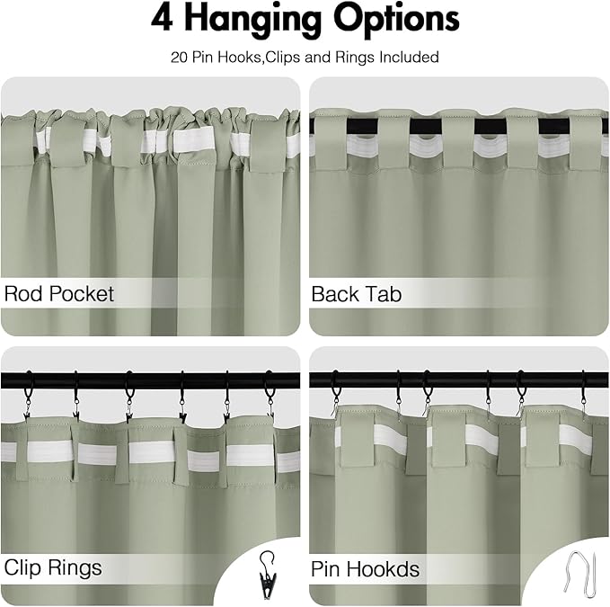 ANRODUO Back Tab Blackout Curtains for Bedroom Living Room, Rod Pocket Pinch Pleated Thermal Insulated Room Darkening Curtains 94 Inches Long 2 Panels, Sage Green, 42 x 94 Inch