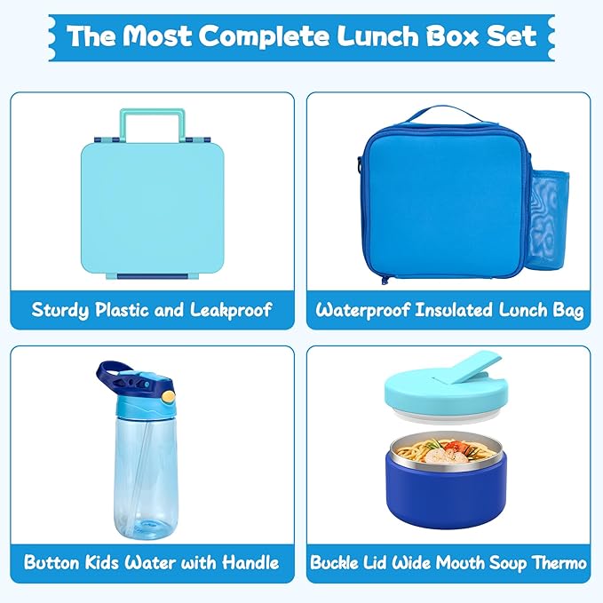 Kids Bento Lunch Box with 8oz Soup Thermo, Water Bottle, Kids Leakproof Lunch Food Containers with 4 Compartment, Insulated Hot Food Jar with Lunch Bag for School, Trvael (Blue)