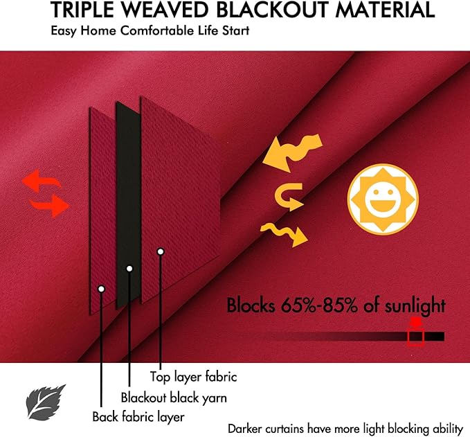 ANRODUO Back Tab Blackout Curtains for Bedroom Living Room, Rod Pocket Pinch Pleated Thermal Insulated Room Darkening Curtains 96 Inches Long 2 Panels, Red, 42 x 96 Inch