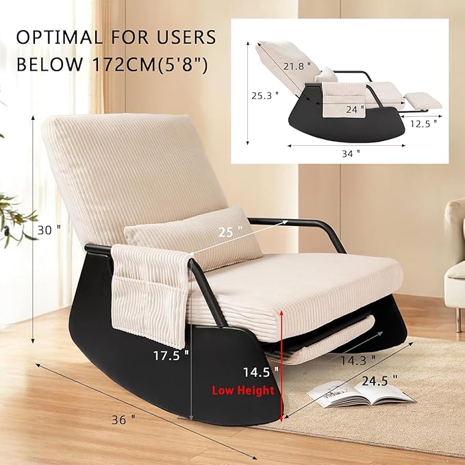 Rocking Chair for Nursery, Modern Upholstered Plush Seating Glider Recliner Chair with High Backrest and Side Pocket, Accent Armchair with Cushions for Living Room/Reading (Beige)