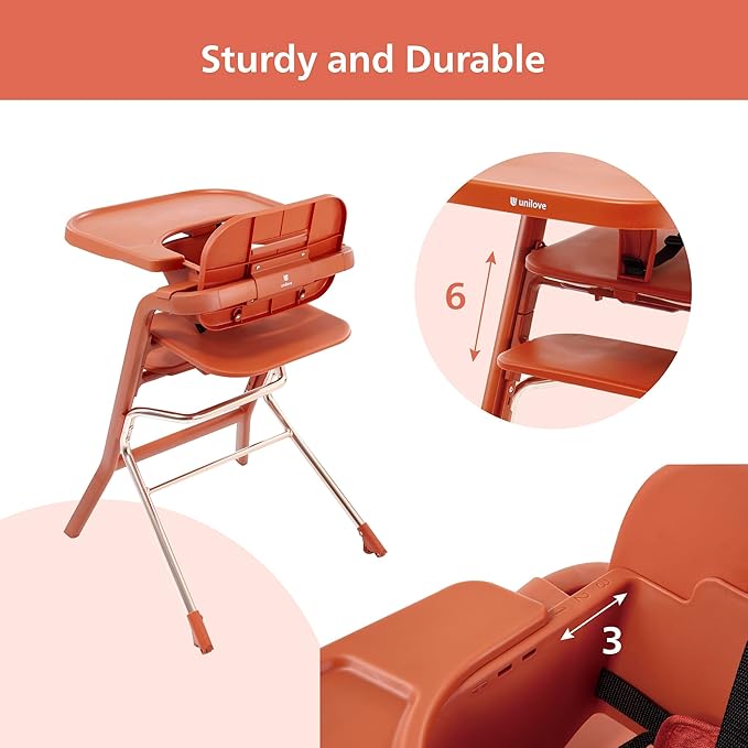 Unilove Grow with Me 2-in-1 Baby High Chair – Adjustable Toddler Chair with Baby Set, Removable Harness, One-Hand Seat & Footrest Adjustment, for Ages 6-60 Months - Pumkin Orange