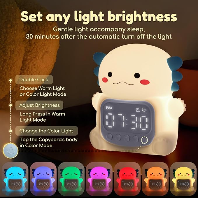 Axolotl Alarm Clock with Night Light for Kids, 7 RGB Color Cute Alarm Clocks for Bedrooms Ok to Wake Clocks, Silicone Animal Tabletop Lamp for Teen Girls Boys, White