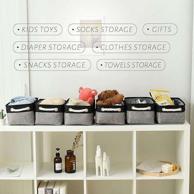 TcaFmac Storage Basket for Shelves - Small 6 Pack Fabric Storage Bins for Organizing, Collapsible Storage Cubes with Handle for Closet Cloth Toy Gift Kids (Black & Grey 11.8 x 7.8 x 5.2 inch)